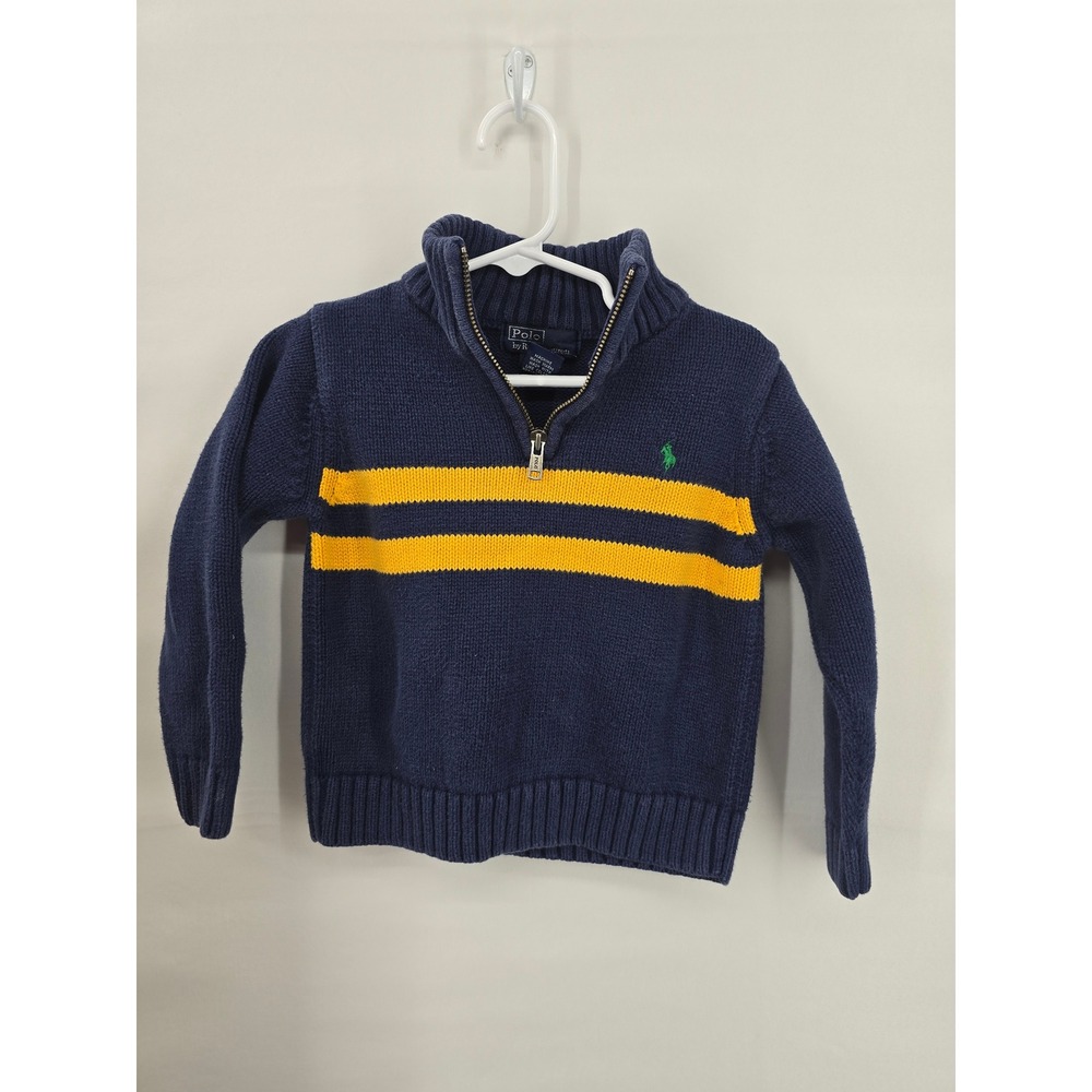 Polo Ralph Lauren Boys Navy Blue Yellow Stripe Quarter Zip Cotton Sweater 4 4T